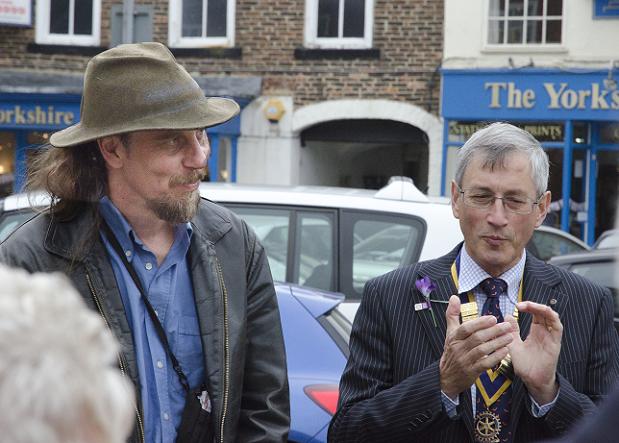 Frazer Johnston, the designer and builder of the Ziggurat, with Peter Chandler from the Rotary Club of Stokesley